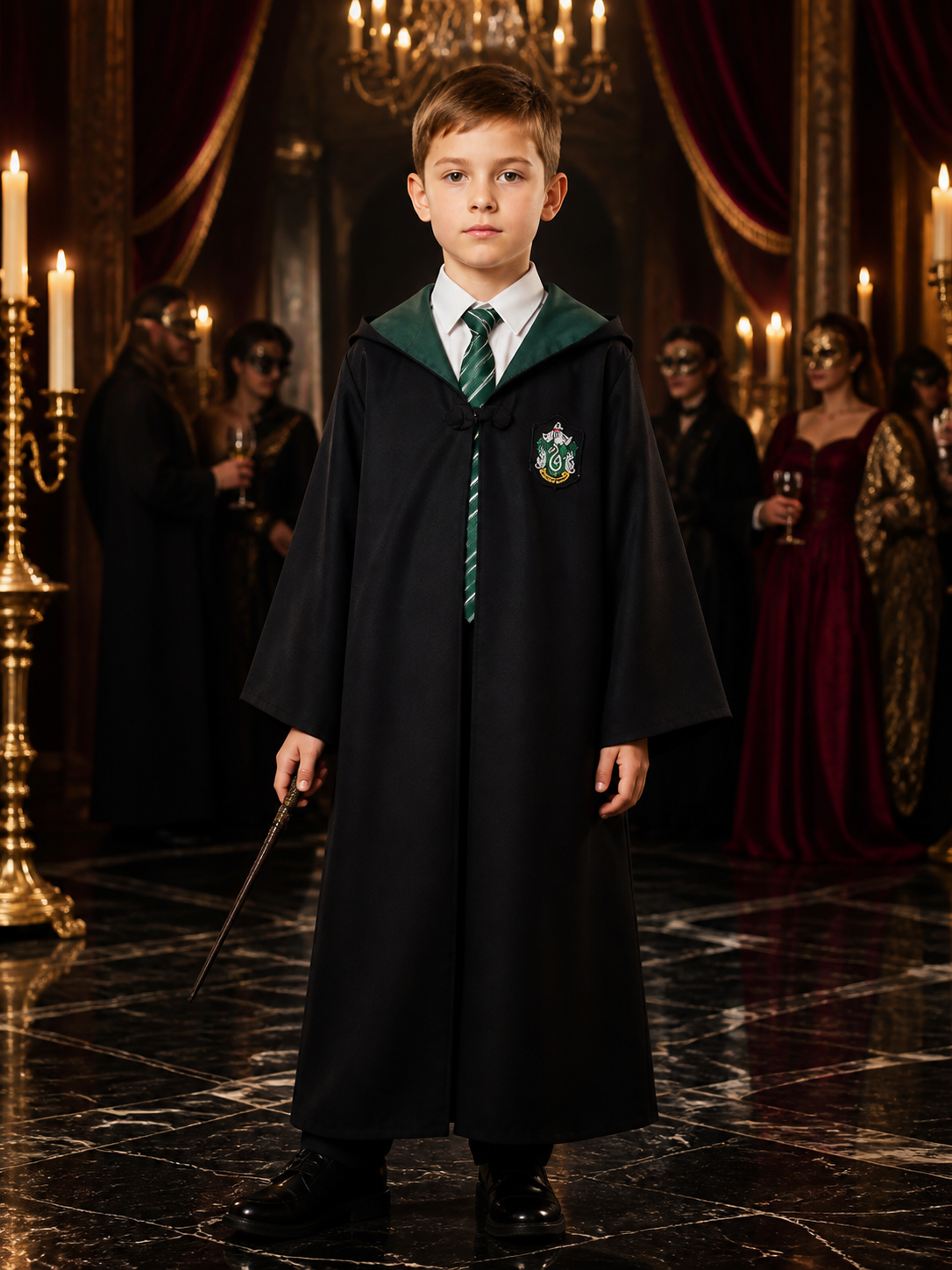 Children's Dark Green Wizard Robe and Striped Tie Costume Set Costumes detail