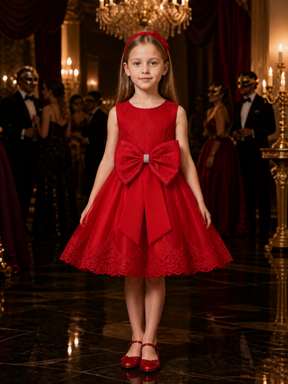 Girls' Red Lace Princess Dress with Oversized Bow and Headpiece, Sleeveless Mesh Costume Dresses detail