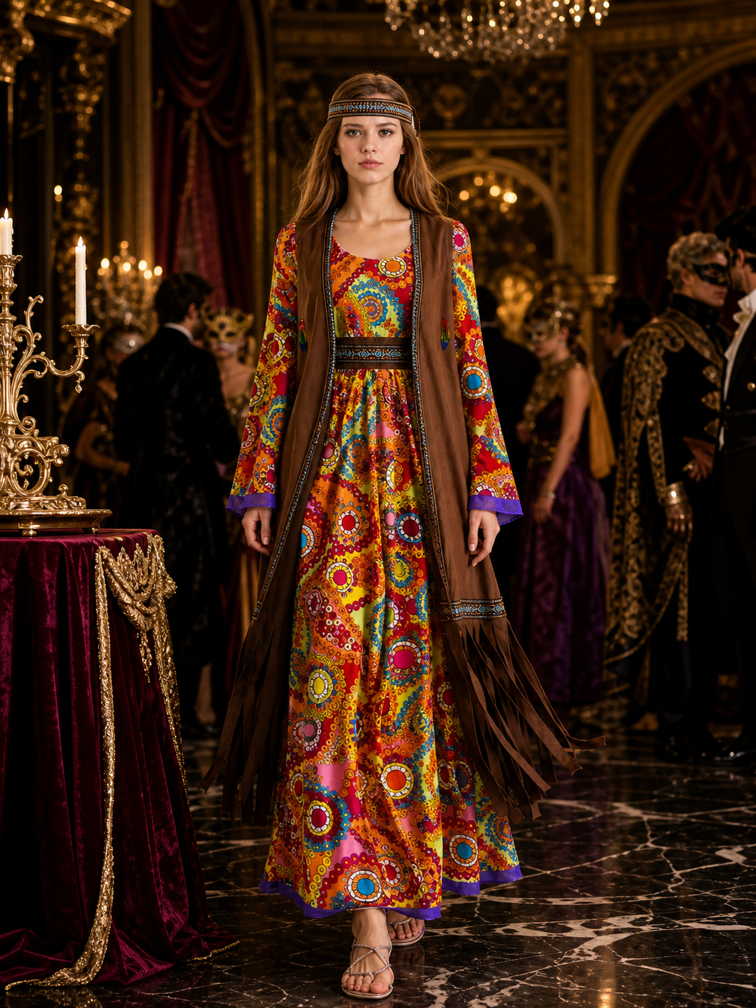 Hippie 70s Bohemian Costume Set, Paisley Printed Dress, Fringed Vest And Costume Dresses detail