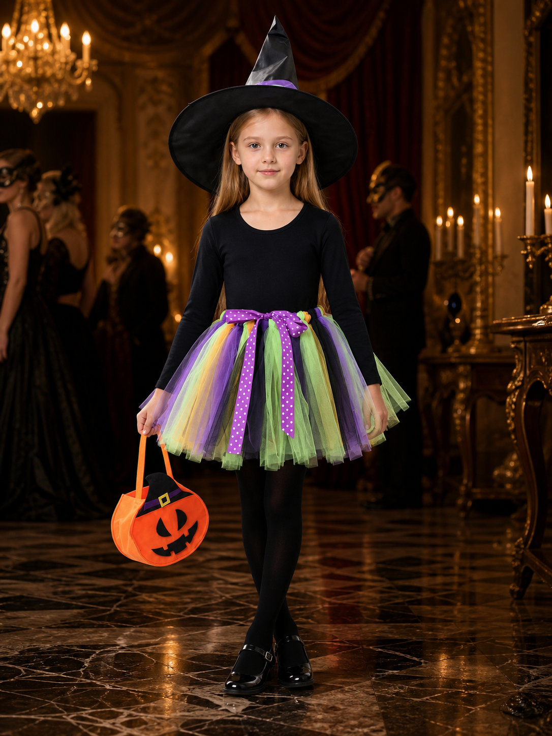 Kids' Halloween Witch Costume Set with Long-Sleeve Top, Tutu Skirt, Hat and Costume Headwear detail