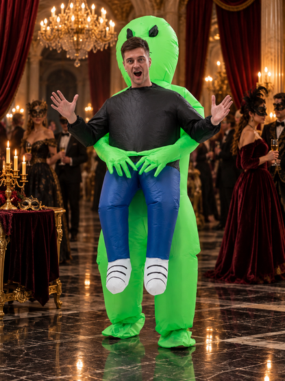 Green inflatable alien costume with black eyes