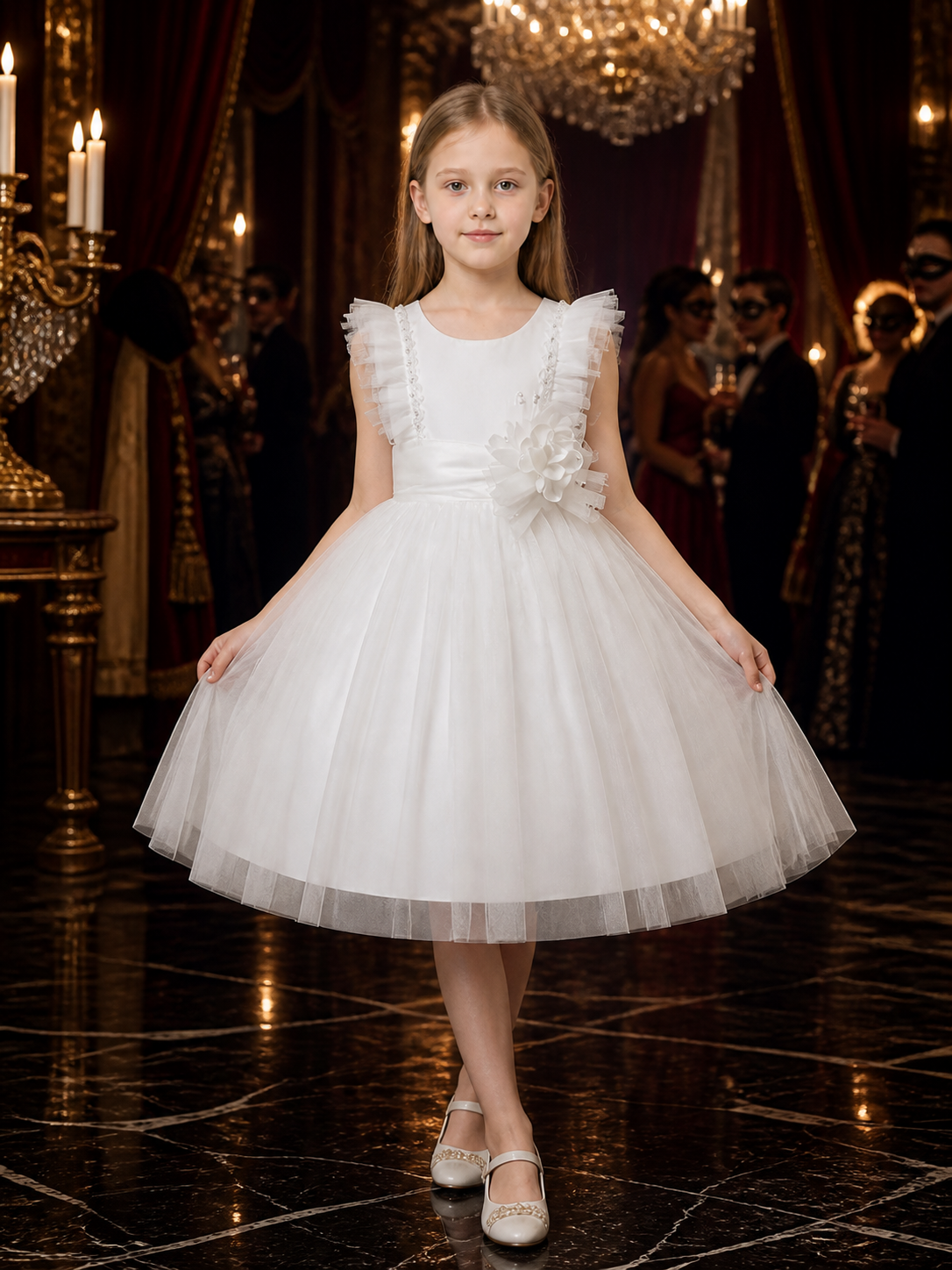 Girls' White Princess Formal Dress with Layered Tulle Skirt and Sequin Beaded Costume Dresses detail