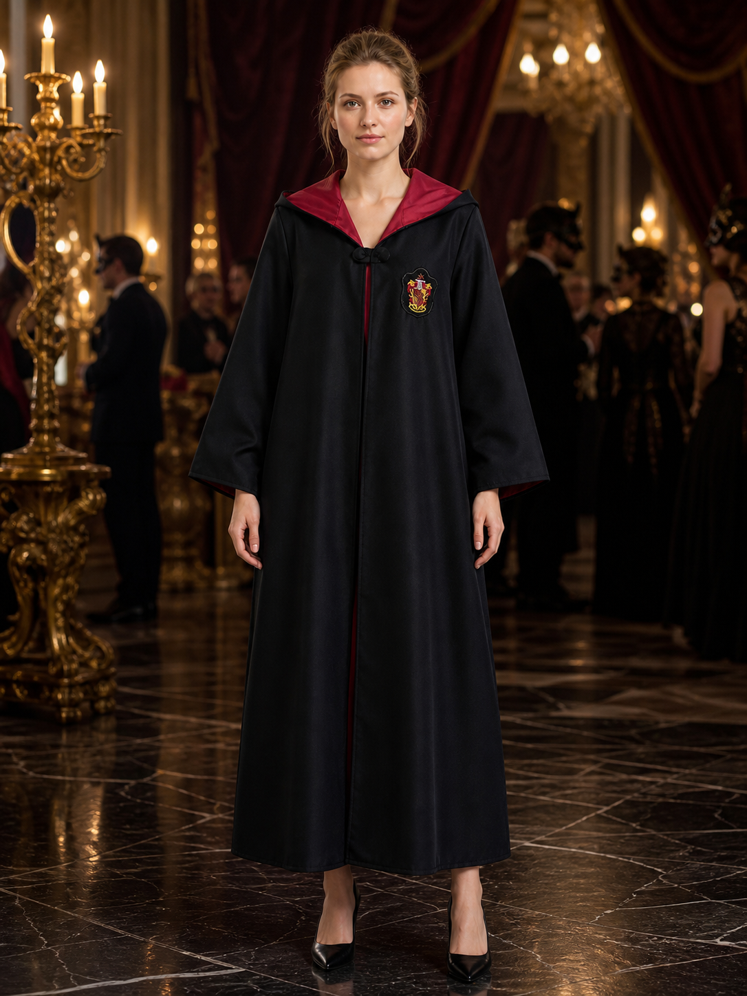 Hooded Wizard Robe Costume, Black Long Cape with Red Inner Lining and School Costume Capes detail