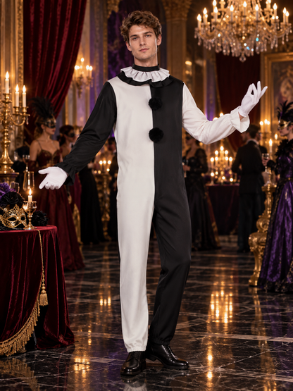 Clown Costume Black and White Jumpsuit with Ruffles and Gloves