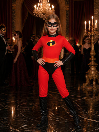 Kids Superhero Bodysuit Costume, Red Jumpsuit with Black Eye Mask, Chest Emblem Costume Masks detail