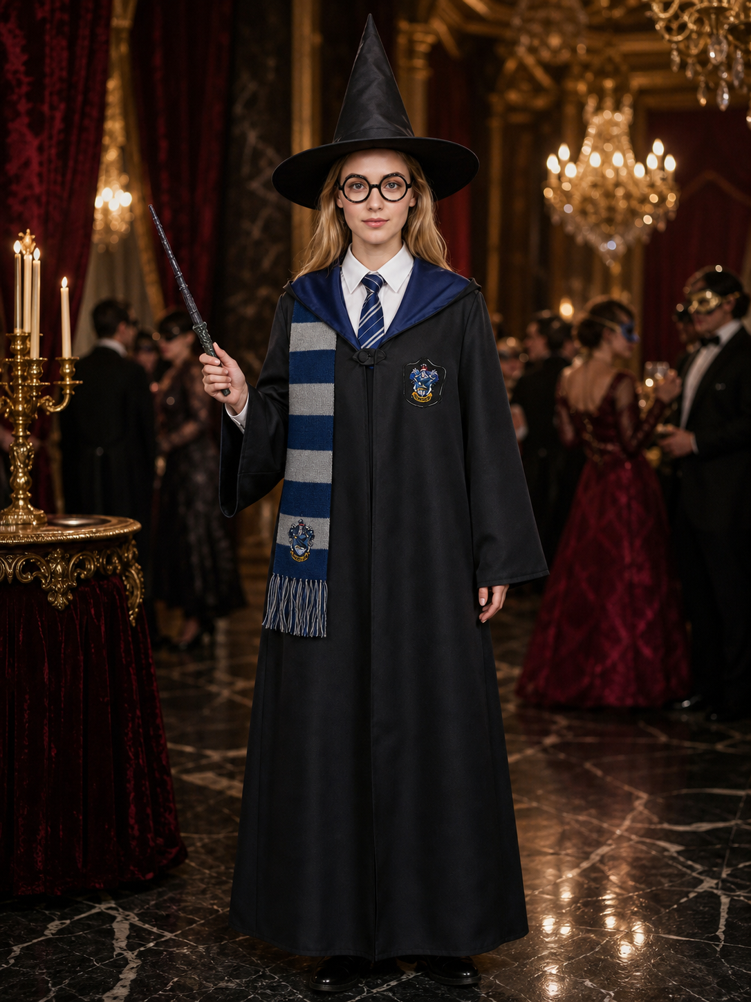Unisex Hooded Wizard Halloween Costume Set with Scarf, Glasses, Wand & Hat Costume Headwear detail
