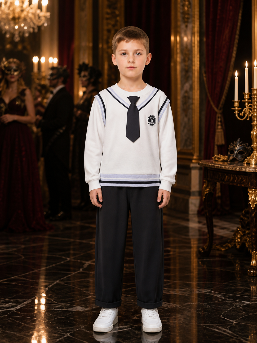 Wizard School Costume Set for Kids, White Sailor Collar Long Sleeve Top & Black Costumes detail