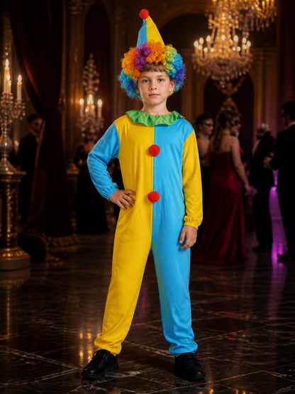 Boys' Colorful Clown Costume Set with Jumpsuit and Cone Hat, Carnival Dress-Up Costume Dresses detail