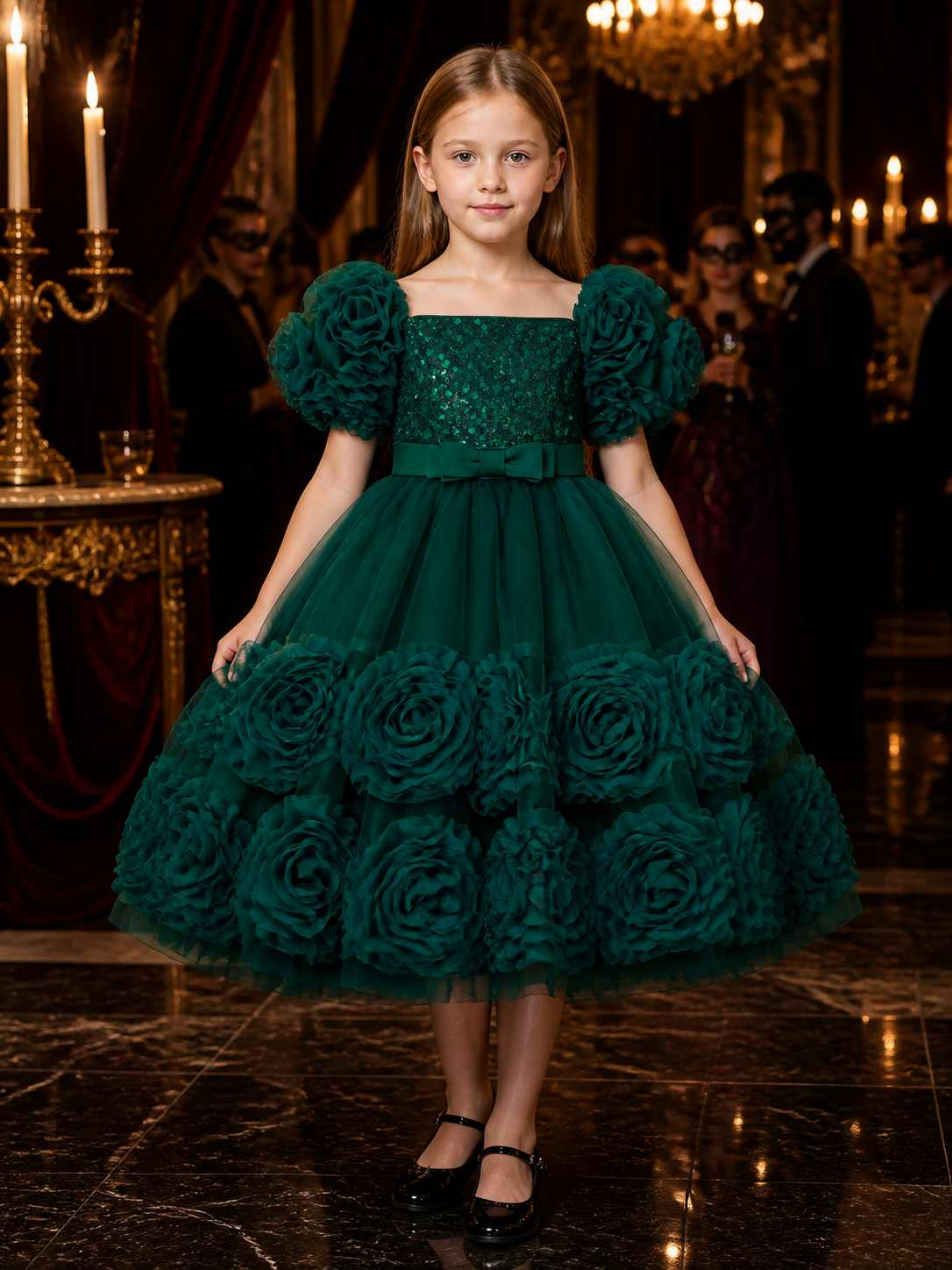 Baby Girls' Dark Green Sequined Princess Dress With Puff Sleeves and Ruffle Trim