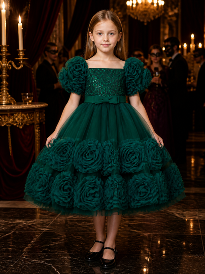 Baby Girls' Dark Green Sequined Princess Dress With Puff Sleeves and Ruffle Trim