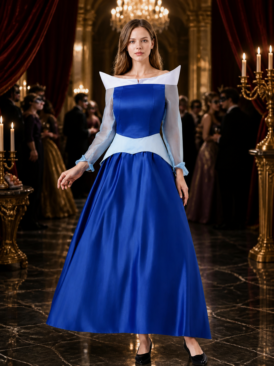 Women's Sleeping Beauty Princess Costume Dress - Blue & White, Long Sleeve, Full Costume Dresses detail