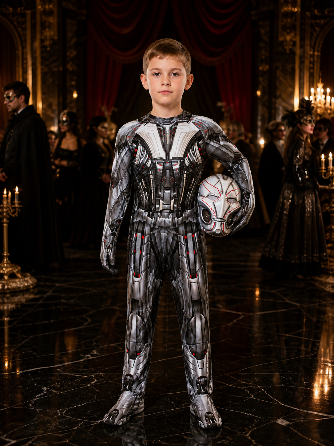 White and Red Robot Armor Jumpsuit Costume Set With Full-Face Mechanical Mask Costume Masks detail