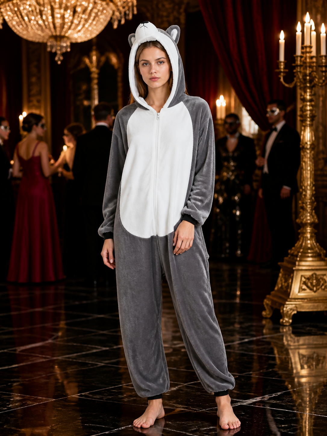 Gray Husky Animal Onesie Costume, Hooded Zippered Cartoon Jumpsuit Costumes detail