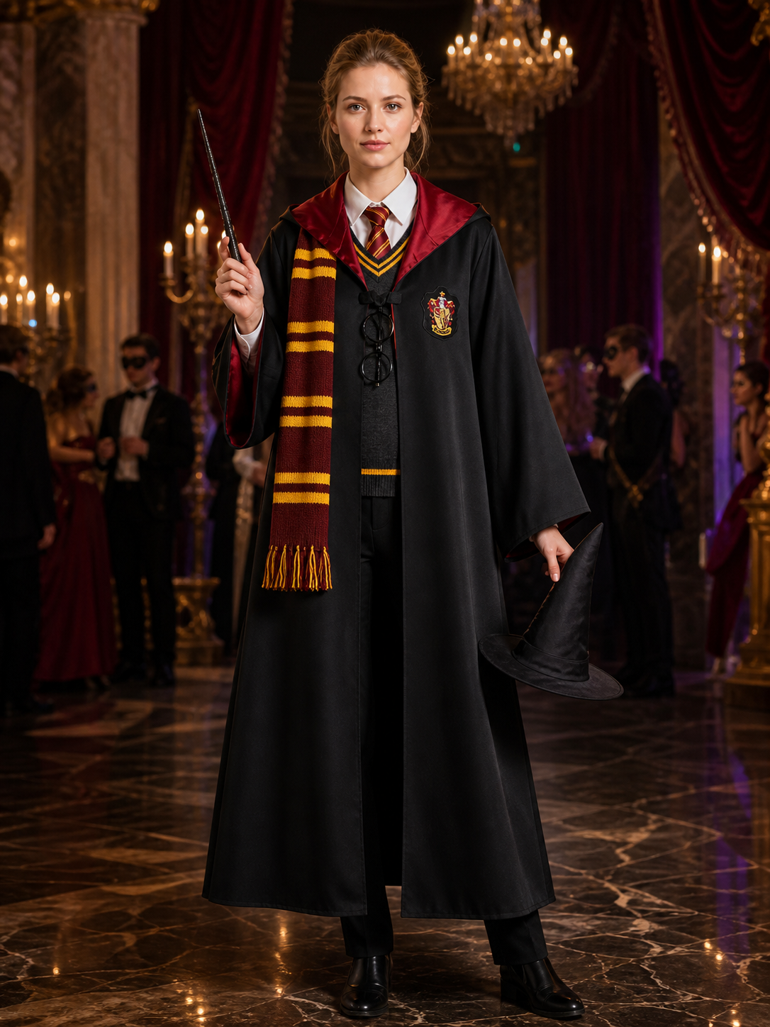Wizard Robe Costume Set with Striped Scarf, Tie, Wand, Glasses, Hat, Shirt Costume Headwear detail