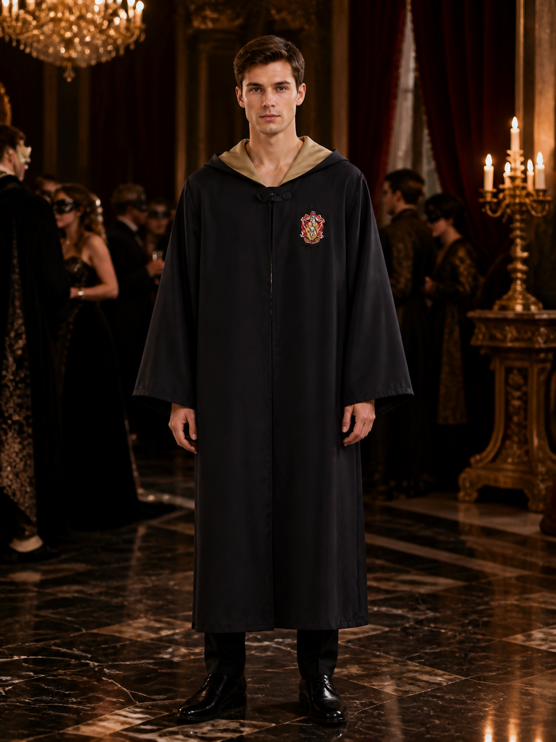 Black Hooded Wizard Robe Costume With Academy Crest, Long Sleeve Halloween Costumes detail