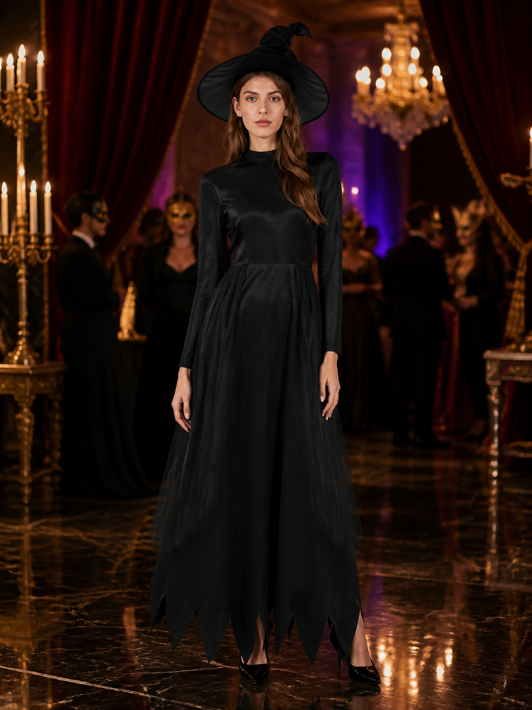 Women's Black Witch Costume Set, Long-Sleeve Dress With Pointed Hat Costume Dresses detail