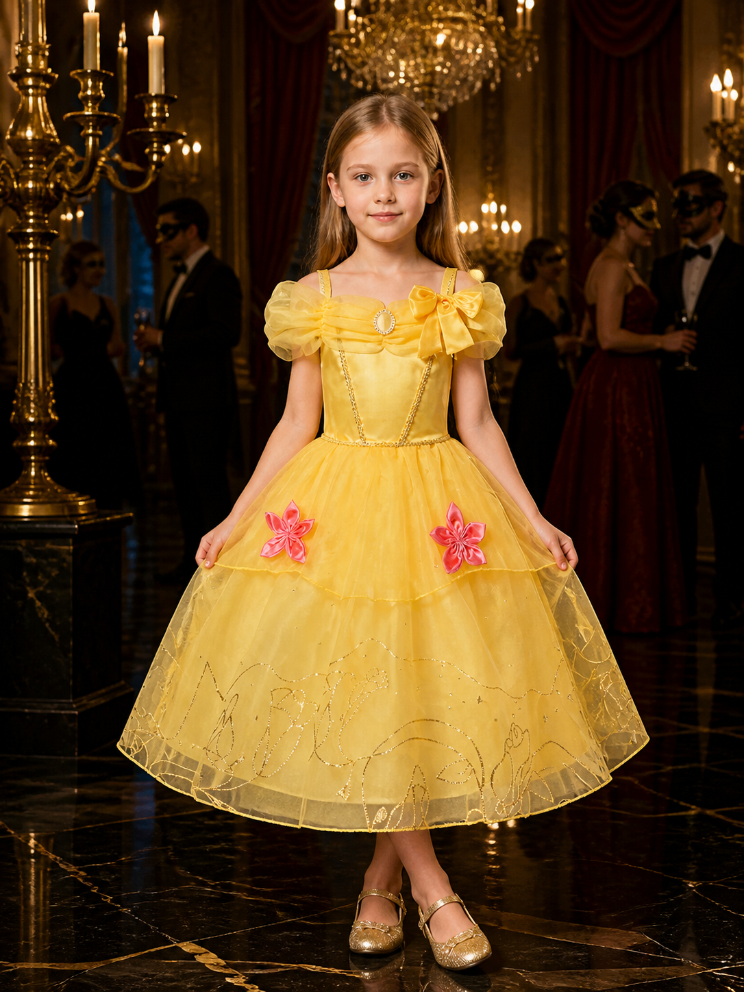 Girls Princess Costume Dress, Yellow Tutu with Pink Flowers - Halloween Party Costume Dresses detail