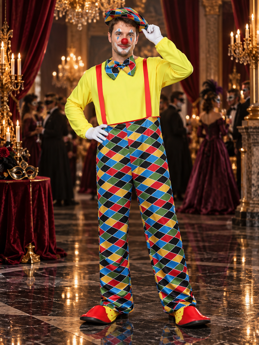 Adult Clown Costume with Hat and Bow Tie