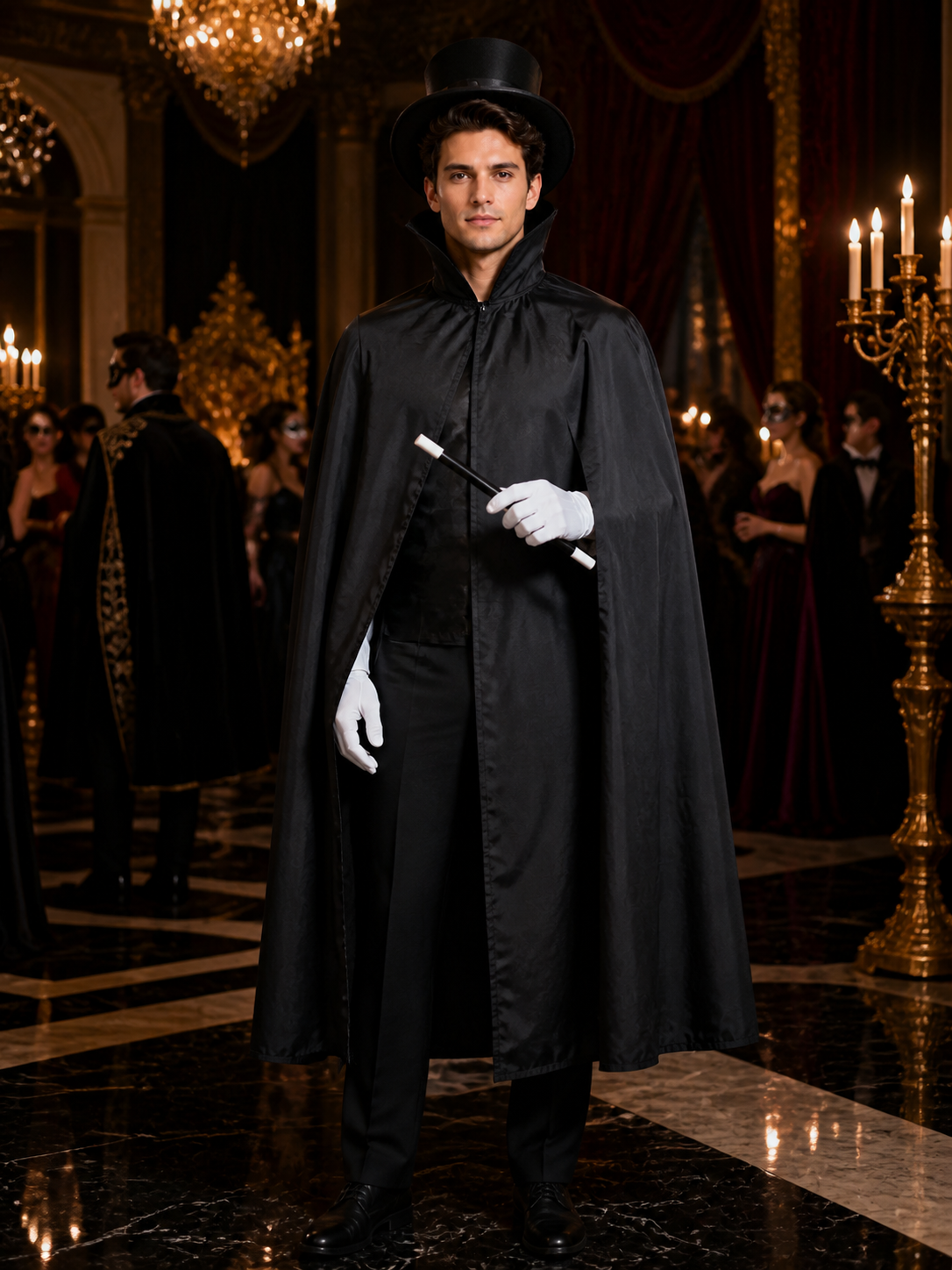 Wizard Halloween Costume Set with Black Cape, Top Hat, Gloves & Magic Wand Costume Capes detail