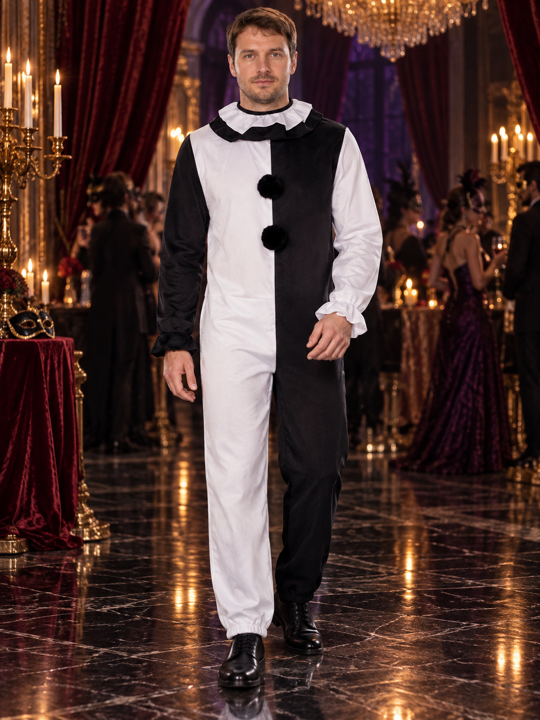 Black and White Clown Costume for Adults with Pom-Poms