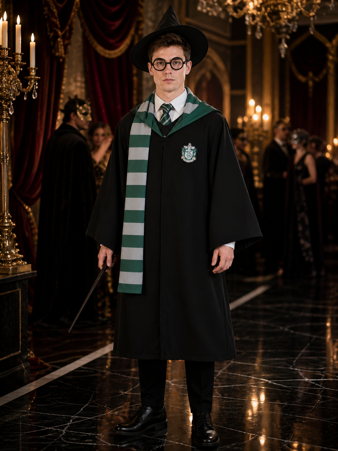 Wizard Costume Set, Hooded Robe With Hat, Scarf, Tie, Wand And Glasses, Green Costume Headwear detail