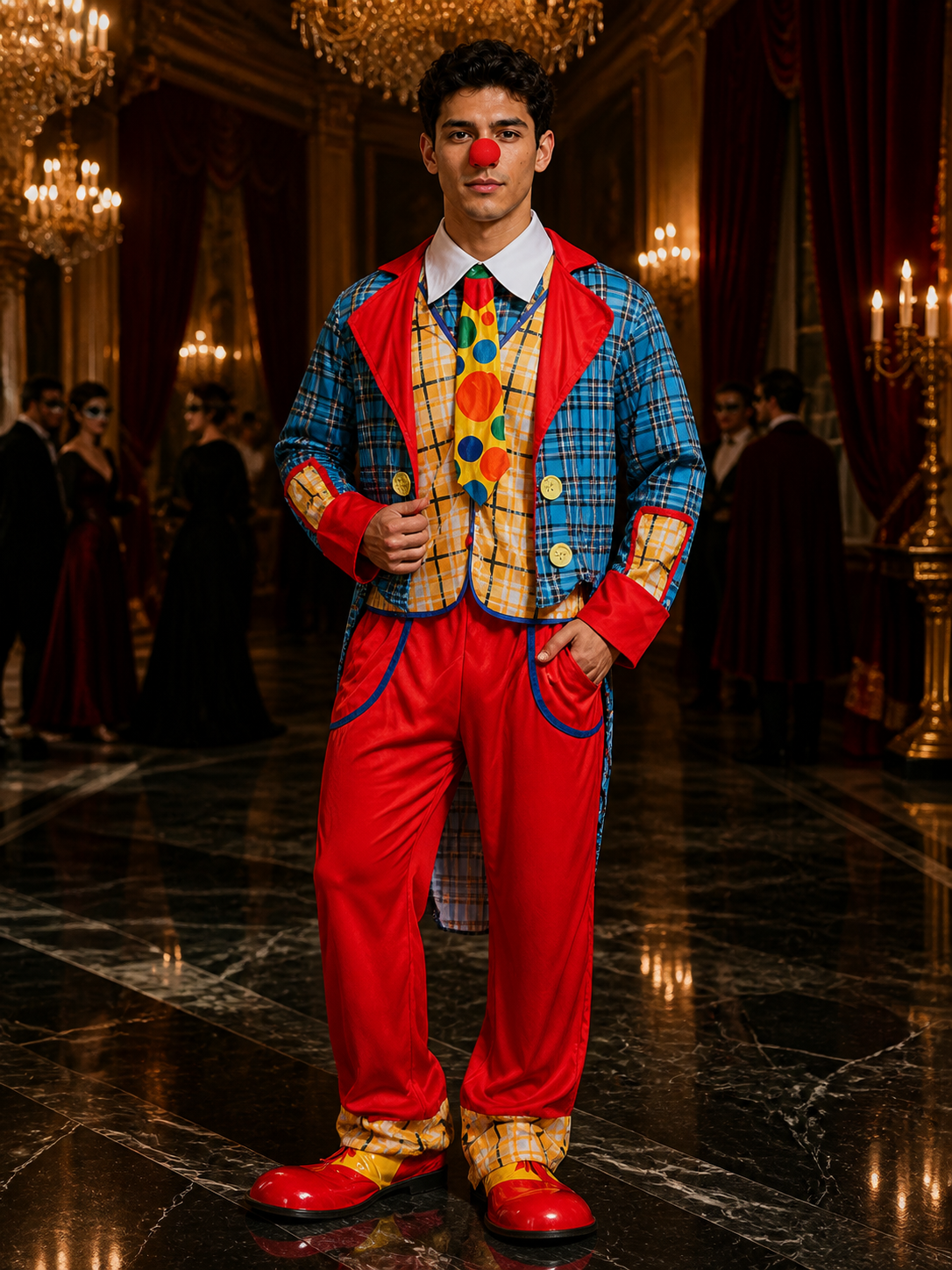 Unisex Clown Halloween Costume Set, Blue Checkered Coat with Red Trim, Matching Costumes detail
