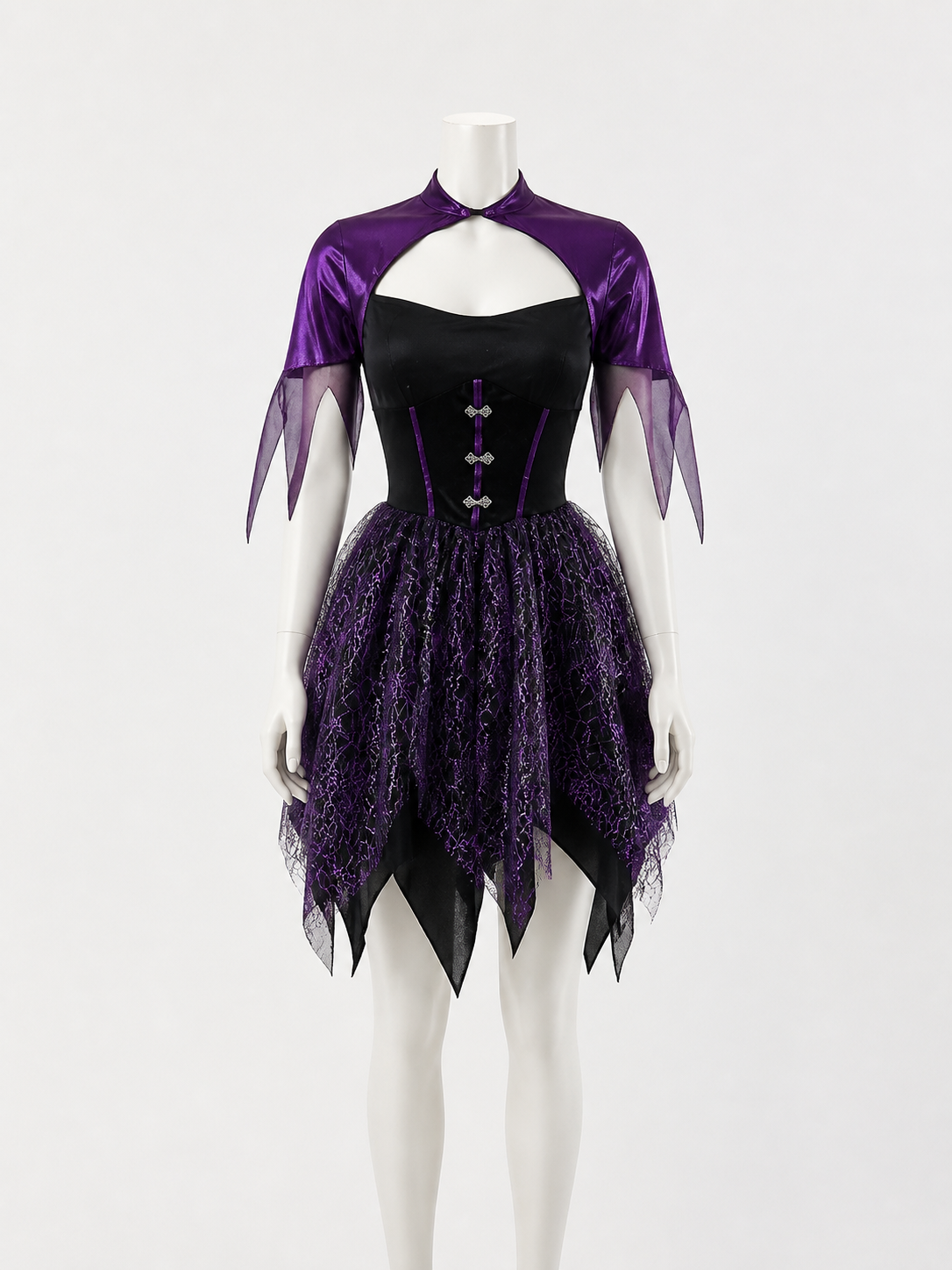 Black And Purple Witch Costume Dress With Spiderweb Print And Asymmetrical Hem Costume Dresses detail