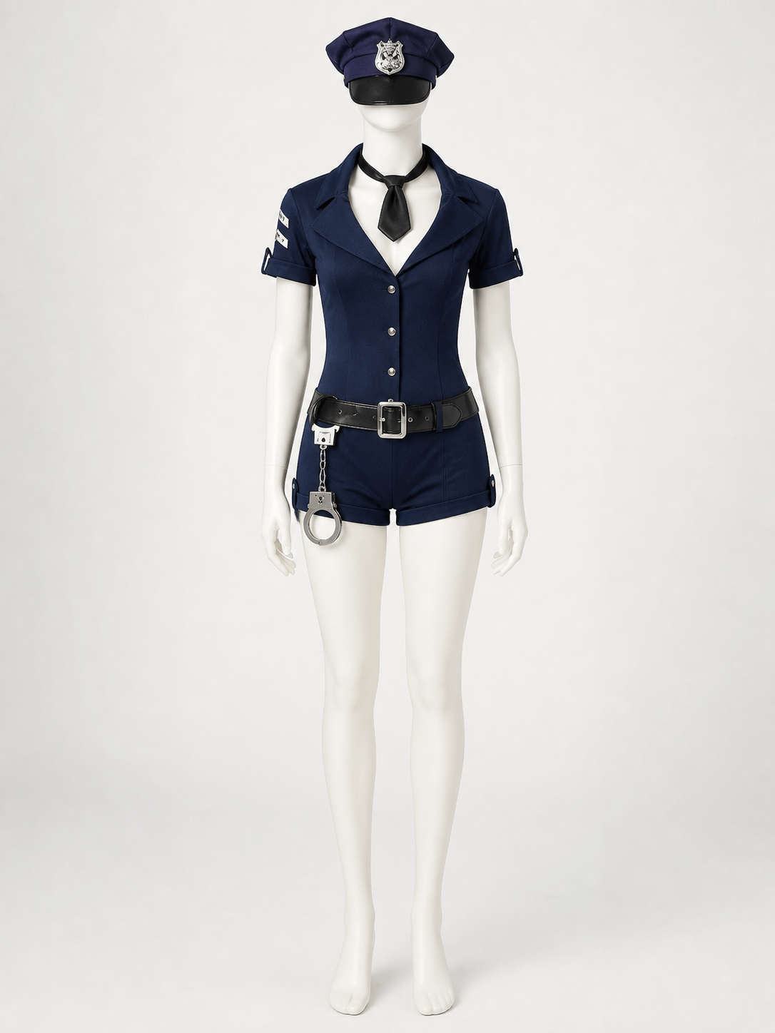 Women's Navy Blue Police Officer Bodysuit Halloween Costume Set with Hat, Tie Costume Headwear detail