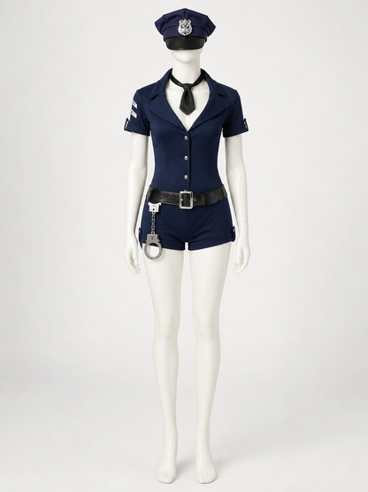 Women's Navy Blue Police Officer Bodysuit Halloween Costume Set with Hat, Tie Costume Headwear detail