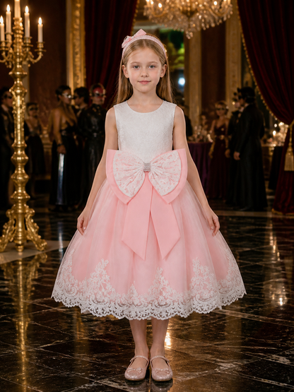 Baby Girls' Pink and White Lace Princess Dress Set with Bow, Tulle Skirt Costume Dresses detail