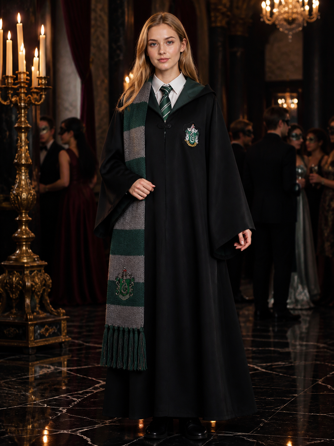 Green And Gray Wizard Costume Set With Robe, Tie And Scarf Costumes detail