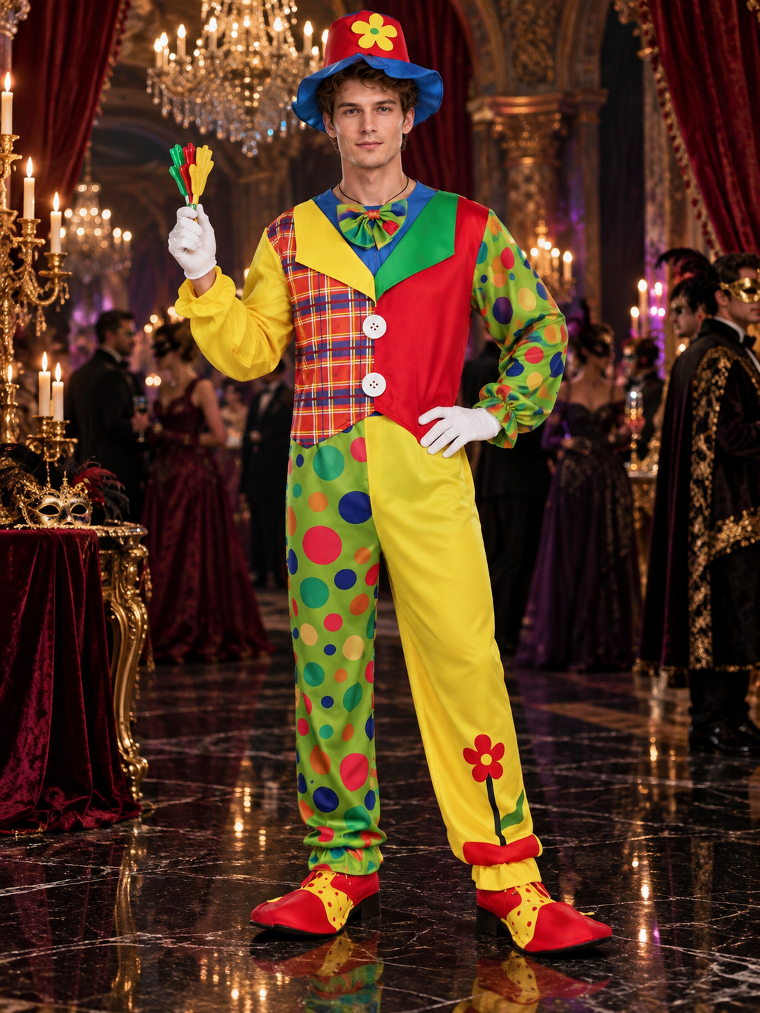 Clown Costume: Multicolor Jumpsuit, Hat, Bow Tie