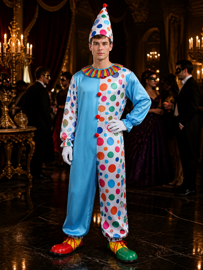 Adult Unisex Clown Jumpsuit Costume with Polka Dot Hat and Ruffle Collar for Costume Headwear detail