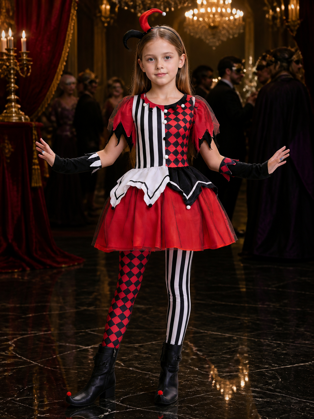 Kids Clown Costume Dress, Asymmetric Striped Tutu with Pom Pom Trim for Costume Dresses detail