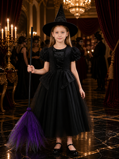 Kids' Witch Costume Set with Hat, Layered Tulle Dress, Halloween Outfit Costume Dresses detail