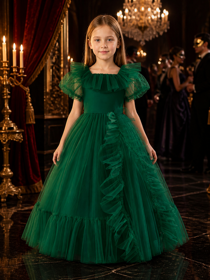 Girls' Green Princess Dress, Ruffled Puff Sleeve Layered Tulle Formal Gown Costume Dresses detail