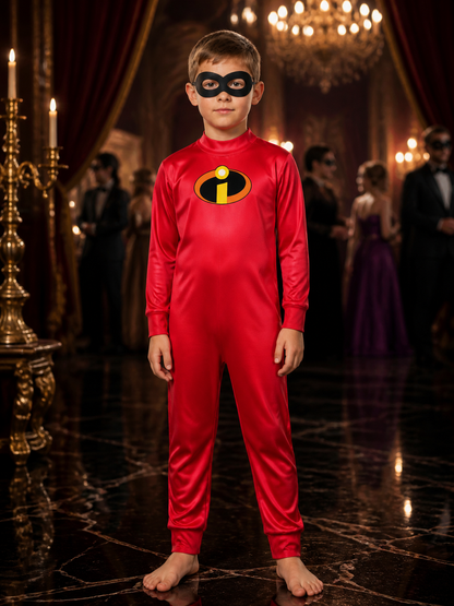 Kids Superhero Costume Set, Red Long Sleeve Jumpsuit with Black Eye Mask and Costume Masks detail