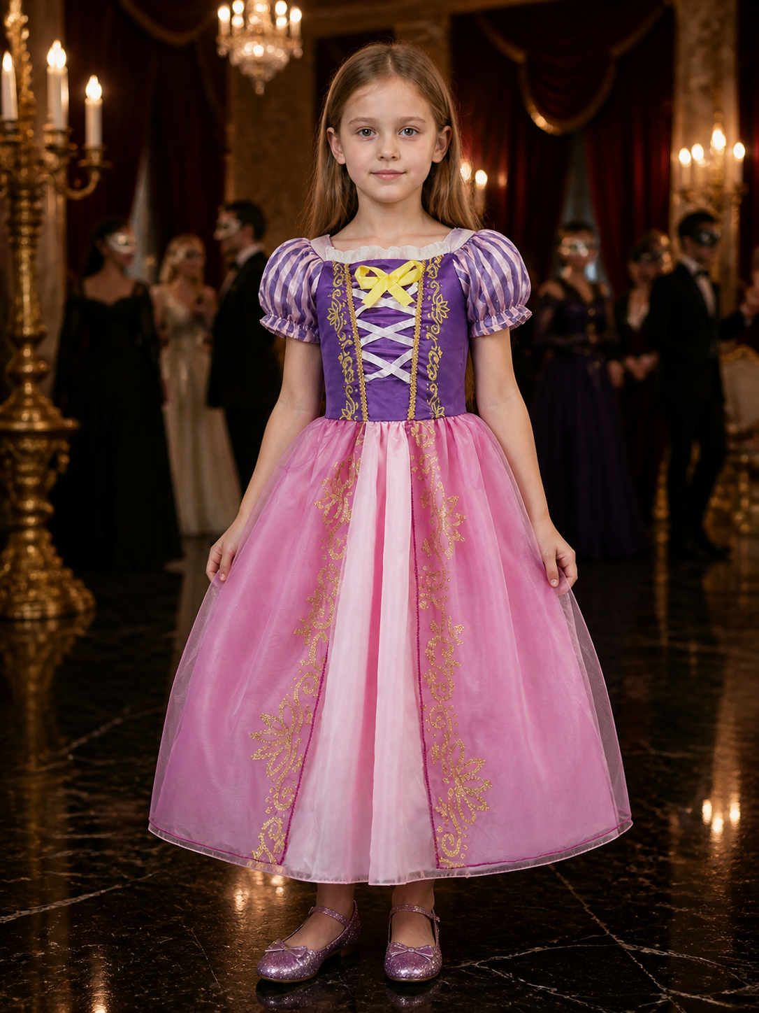 Kids Princess Costume Dress, Purple and Pink Puffed Sleeve Halloween Outfit Costume Dresses detail