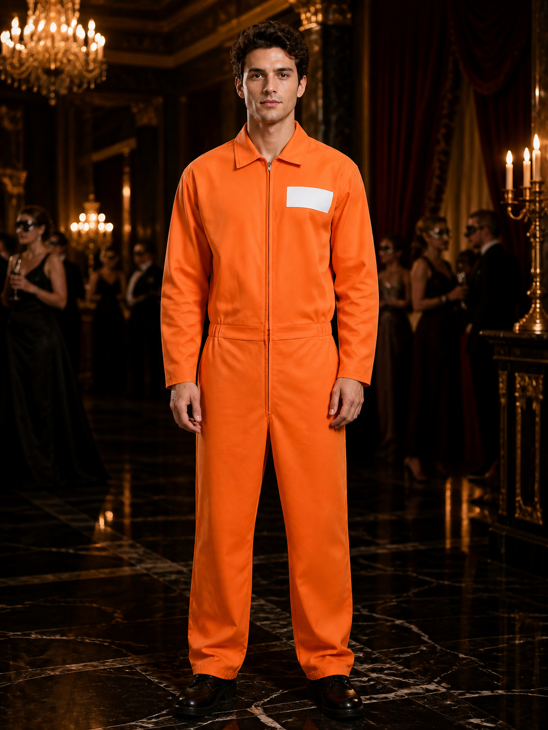 Prison Jumpsuit Costume, Orange Zippered Coveralls with State Prison Print for Costumes detail