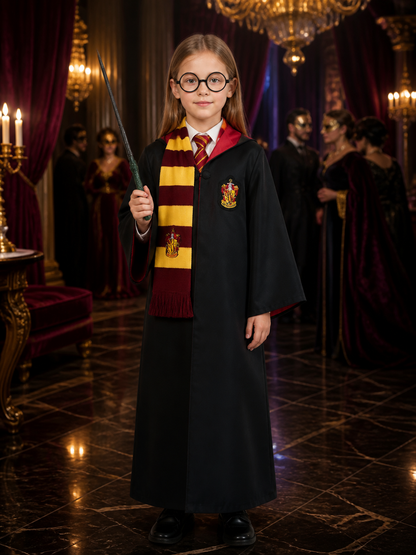 Hooded Black Wizard Robe Costume Set With Scarf, Tie, Wand And Glasses Costume Accessories detail