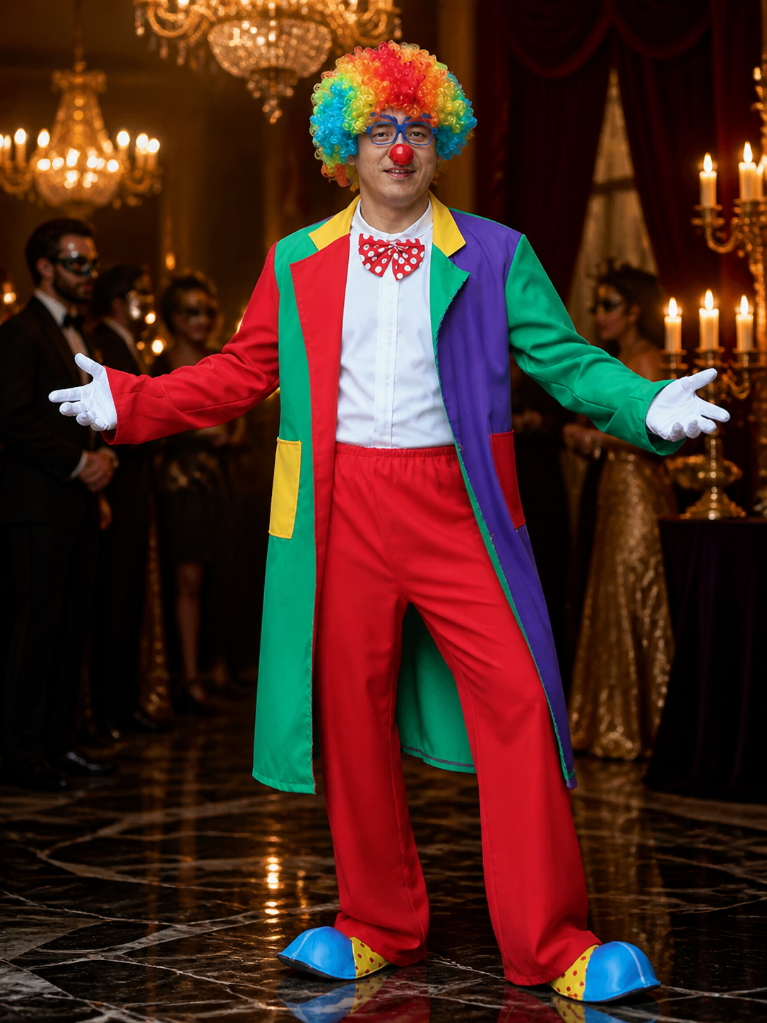 Unisex Adult Clown Costume Set, Multi-Color Patchwork Robe, Vest & Pants for Costumes detail