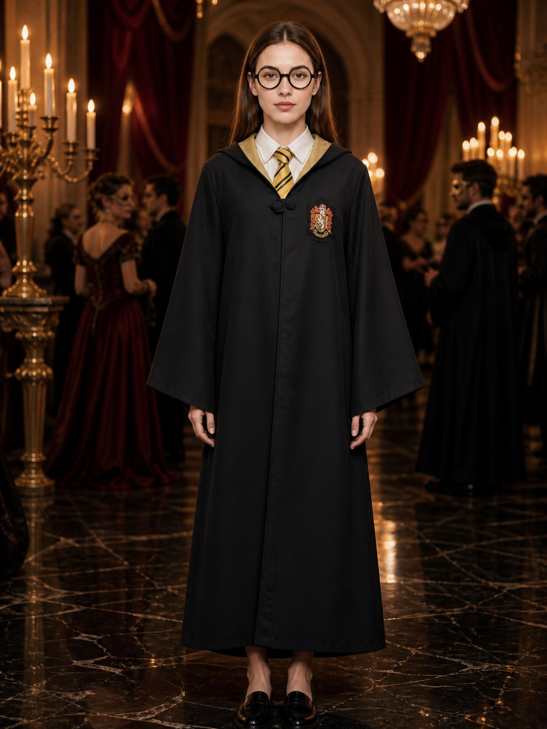 Wizard Costume Set, Hooded Black Robe with Round Glasses and Striped Tie