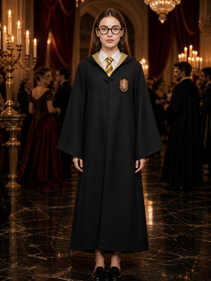 Wizard Costume Set, Hooded Black Robe with Round Glasses and Striped Tie