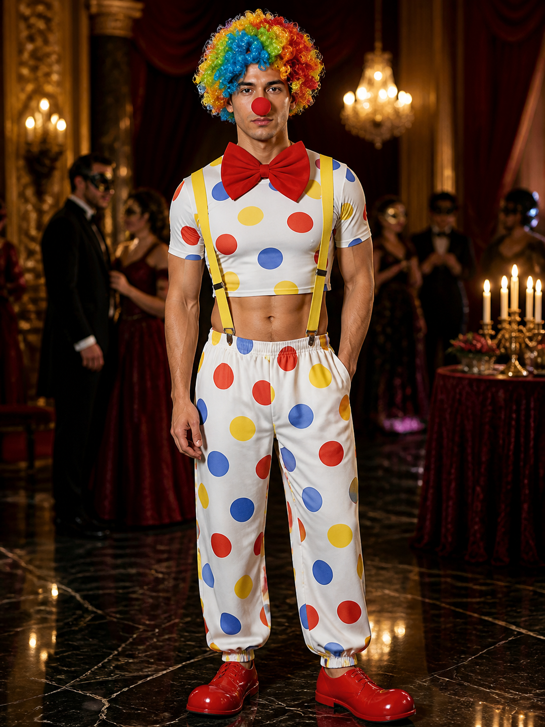 Men's Clown Circus Halloween Costume Set, White Polka Dot Crop Top With Costumes detail