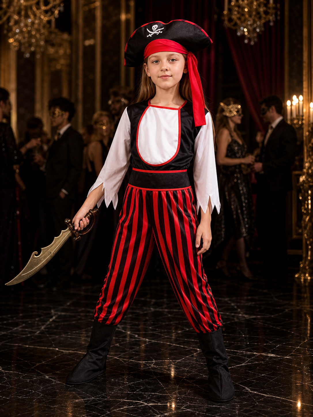 Kids Pirate Halloween Costume Set, Black White Red Striped Outfit with Skull Hat Costume Headwear detail