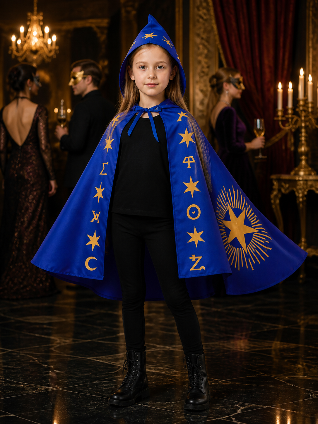 Kids Wizard Cape and Pointed Hat Costume Set, Blue with Gold Star Patterns Costume Capes detail
