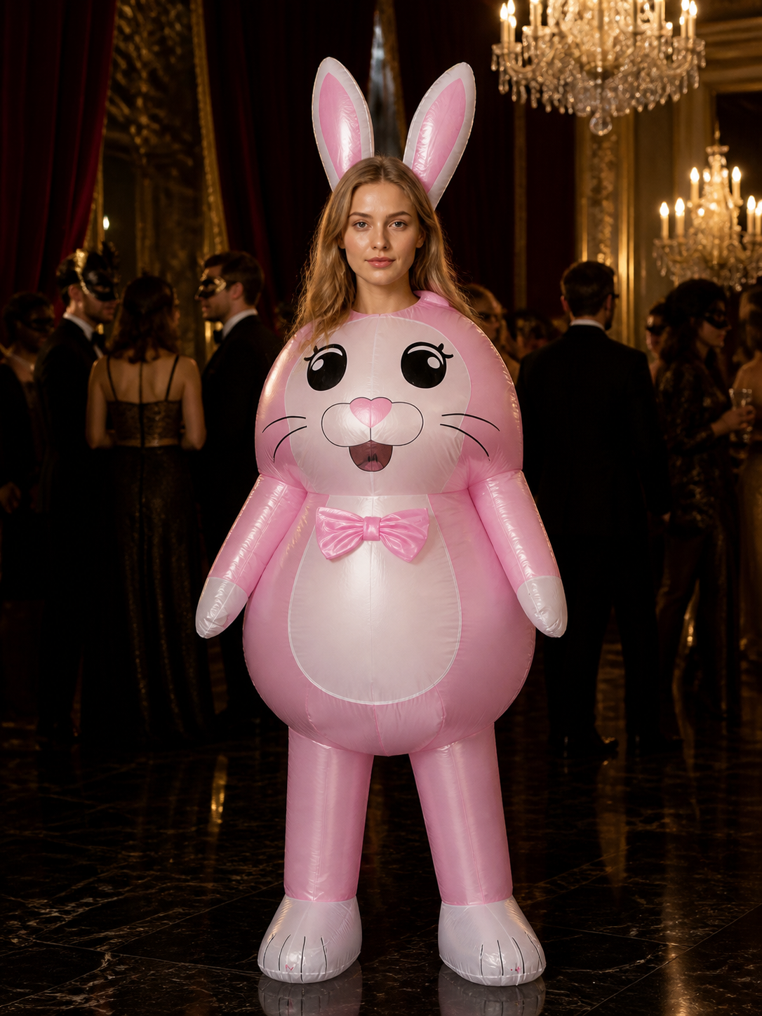 Adult Cartoon Rabbit Costume, Long Ear Bunny with Pink Bow Tie for Halloween Costume Accessories detail