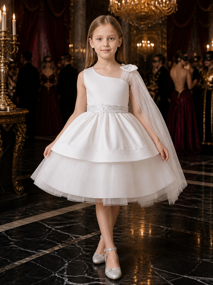 Toddler Girls' White Princess Party Dress, Sequined Bow One-Shoulder Layered Costume Dresses detail