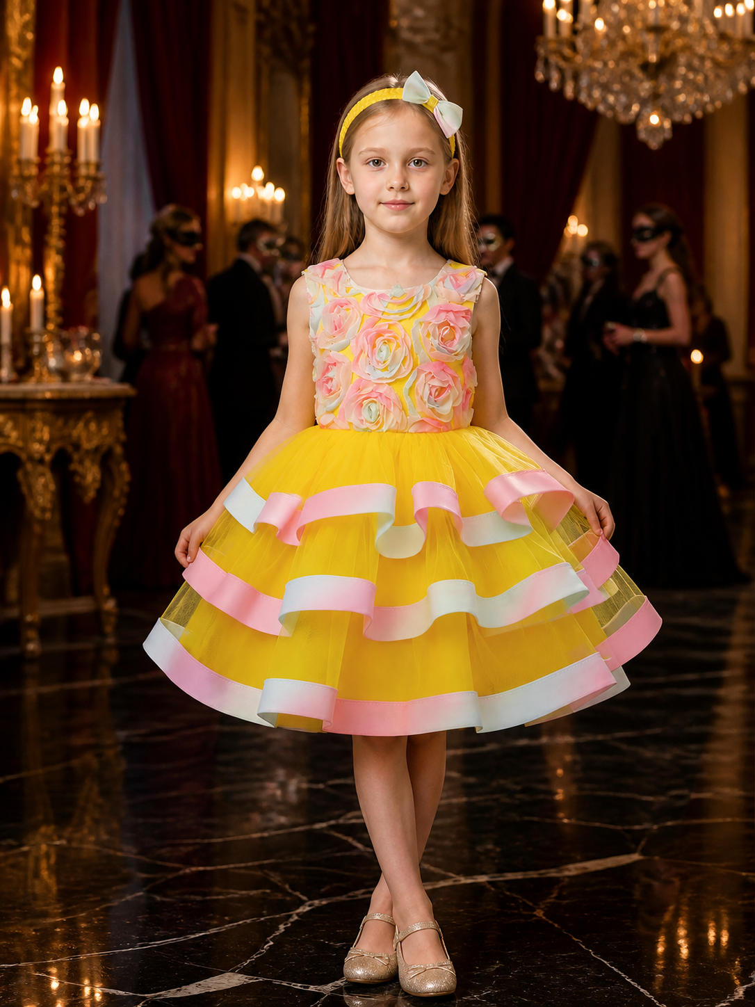 Girls' Princess Dress, Layered Tulle Cake Skirt With Rose and Bow Details