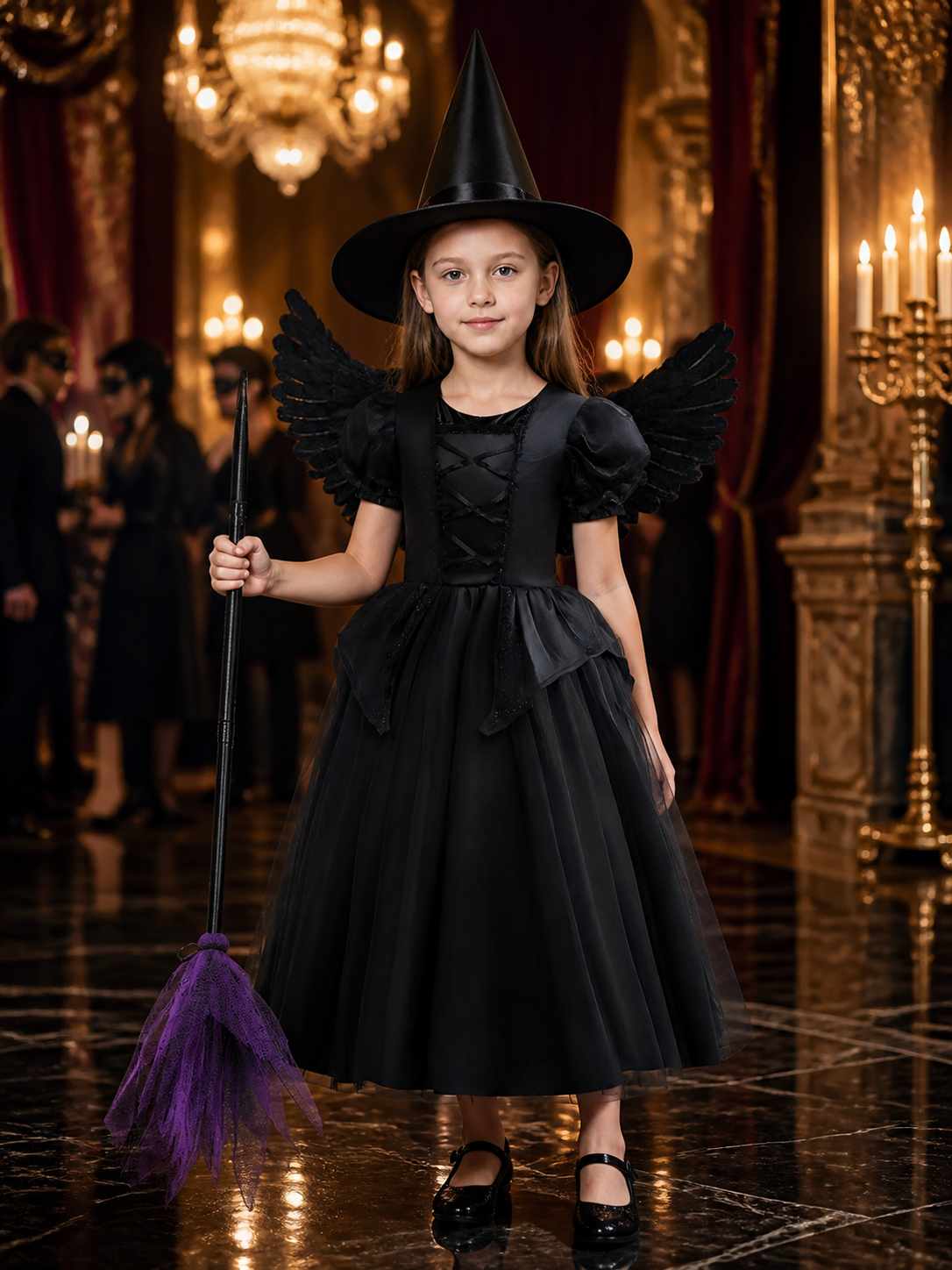 Girls Black Princess Witch Costume Set - Tulle Dress with Wings, Hat & Broom Costume Dresses detail